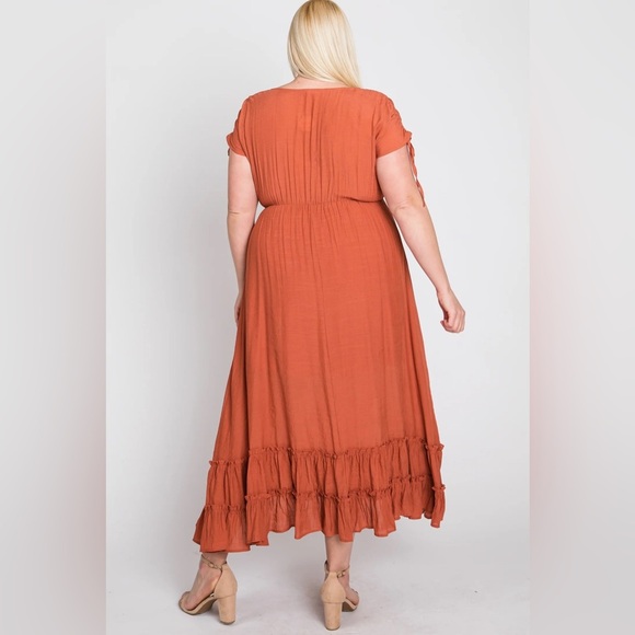 ARULA Dress Women's Size 1X Rust Orange Maxi Ruffle Hem Dolman Sleeves V-Neck - Picture 12 of 16